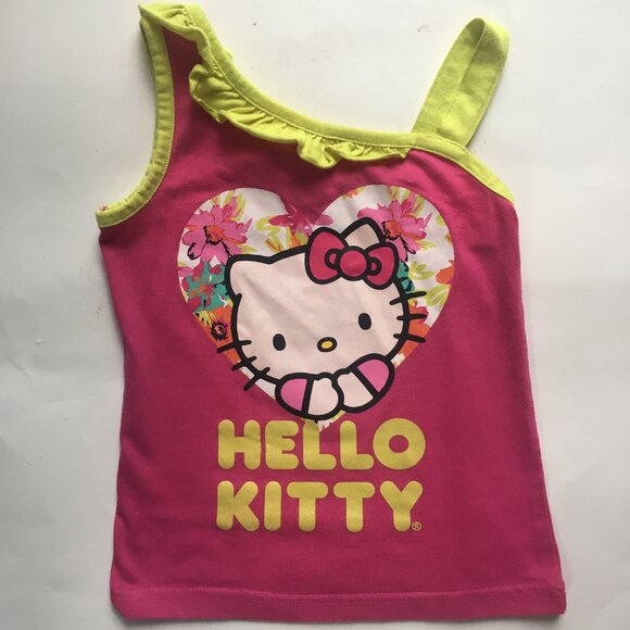 Hello Kitty Girls One Shoulder Ruffle Tank Shirt Size 5 Pink Neon Heart - Picture 2 of 11